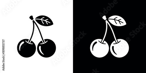 Two cherries depicted in contrasting black and white color schemes