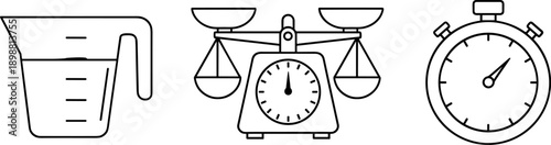 Measuring cup, balance scale, and stopwatch icons representing cooking and baking measurements