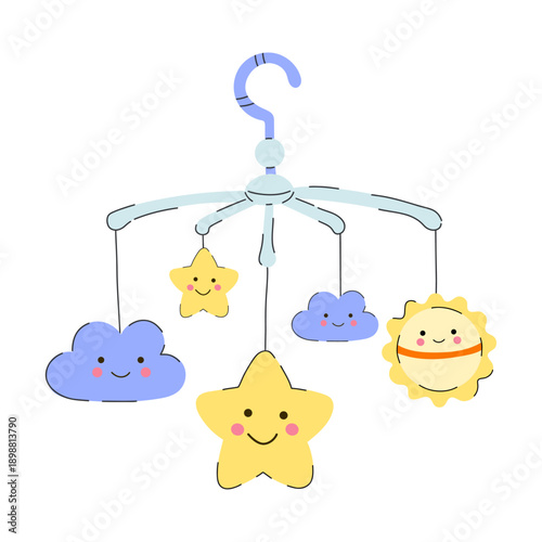 Baby crib mobile with cute smiling stars, clouds and sun, nursery hanging toy illustration in soft pastel colors. Adorable baby mobile designed for newborn and infant rooms. 
