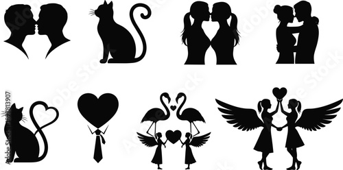 Romantic love silhouettes collection, kissing couples cats hearts angels flamingos Valentine symbols isolated on white background illustration set