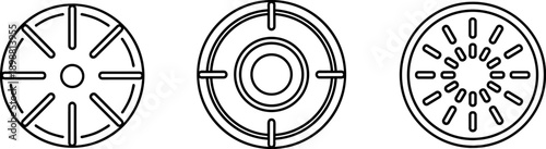 Three circular line art icons representing different abstract designs and patterns