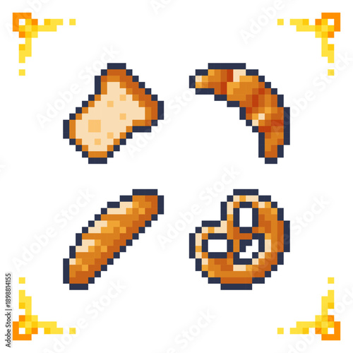 A set of pixel art icons of a basic Set of pixel art icons of baked goods and flour products. 16x16 pixels.