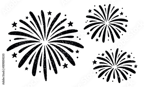 Hand drawn distressed firework bursts set featuring multiple bursts with stars and dots for celebrations and festive events
