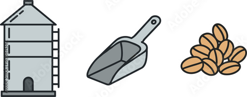 Illustration of a grain silo, scoop, and pile of coffee beans on a white background