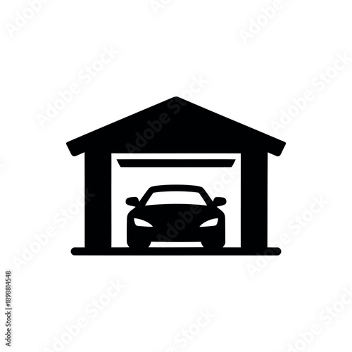 Simple black and white icon depicting a car inside a garage