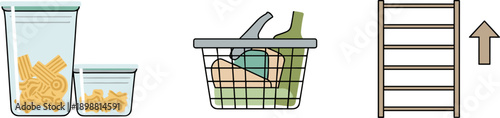 Food storage containers, shopping basket, and shelving unit with upward arrow icon