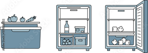 Illustration of a refrigerator with its door open showing food and ice cubes inside