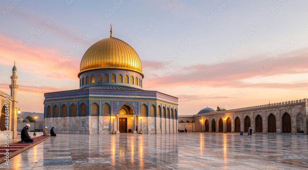 Obraz premium Muslims praying at golden dome mosque during sunset