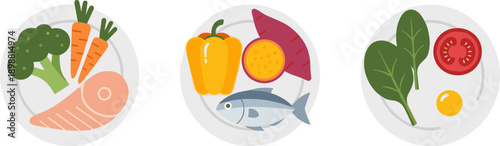 Healthy food portions on plates: fish, vegetables, and egg for balanced nutrition