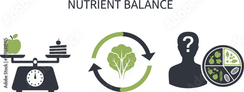 Nutrient balance concept with icons representing healthy eating and diet choices