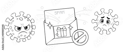 Cheerful virus and dangerous spam email, cybersecurity and protection from unwanted electronic messages