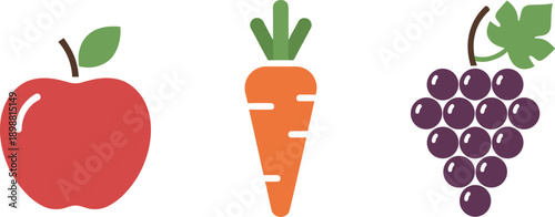 Simple flat icons of an apple, carrot, and grapes on a white background