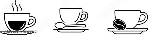 Set of three simple line art icons representing coffee cups with saucers and different elements