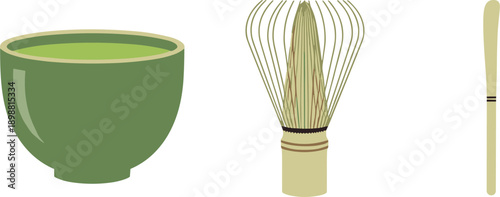 Traditional Japanese matcha tea set with whisk, bowl, and scoop on white background