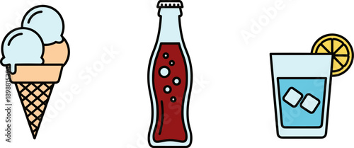 Vector icons of ice cream cone, soda bottle, and refreshing drink with lemon slice