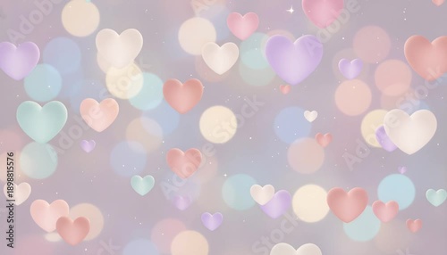 Pastel Hearts Bokeh Fills Frame, Soft Pastel Hearts Float Across Blurred Background With Gentle Bokeh Lights,
