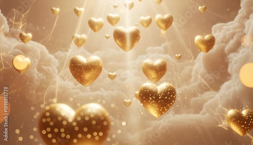 Golden Hearts Float Through Clouds, Luxury Romantic Backdrop With Shimmering Bokeh, Floating Glitter