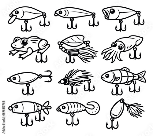 Hand drawn line art cartoon fishing lures set featuring various types of fish, frog, and squid shaped baits for outdoor fishing activities