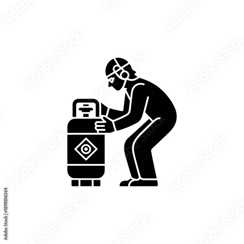 Silhouette of a person inspecting a gas cylinder with safety equipment