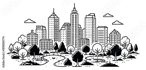 Modern line art illustration of a cityscape and urban park depicting a harmonious blend of architecture and nature for city planning projects