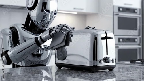 A futuristic robot diligently cleaning a toaster in a modern kitchen, highlighting the intersection of advanced technology and domestic life. 