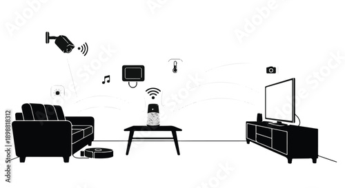 Smart home technology illustration with modern living room furniture and connected devices for automation and internet of things concept