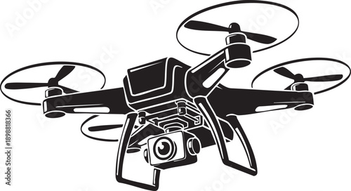 Drone technology is represented by a detailed black and white illustration of a quadcopter equipped with a camera, symbolizing aerial surveillance and advanced photography capabilities.