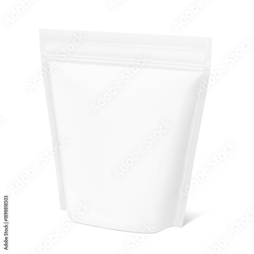 Realistic stand up pouch bag mockup with transparent shadow. Front view. Vector illustration isolated on white background. Ready for your design. EPS10.