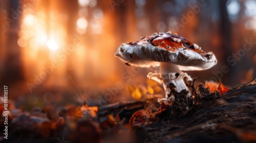 A striking mushroom stands tall against the backdrop of a stunning sunset, surrounded by autumn leaves and forest ambiance, capturing nature's beauty and tranquility.
