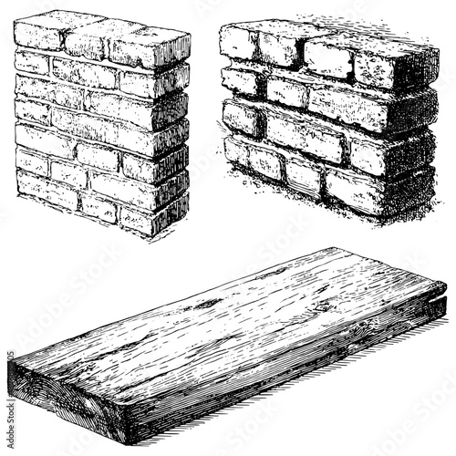 Vector art of bricks and wood blocks in various shapes