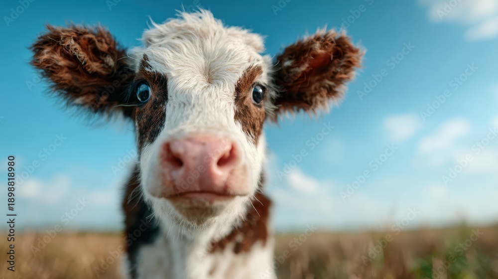 Fototapeta premium A curious young calf gazes directly into the camera against a vibrant blue sky, showcasing its expressive features and inviting personality in a rural setting.