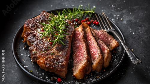 Tomahawk steak with chimichurri sauce on a black plate. Grey background.