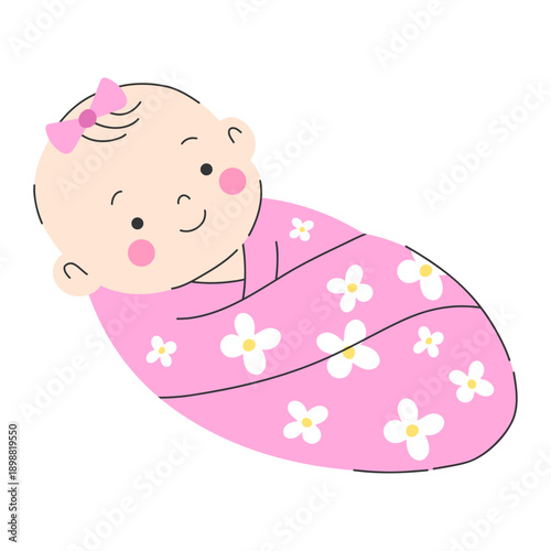 Sleeping newborn baby girl wrapped in pink swaddle blanket. Adorable swaddled baby with  gentle smile, wearing a small bow and cozy floral wrap. Perfect for newborn care concepts.