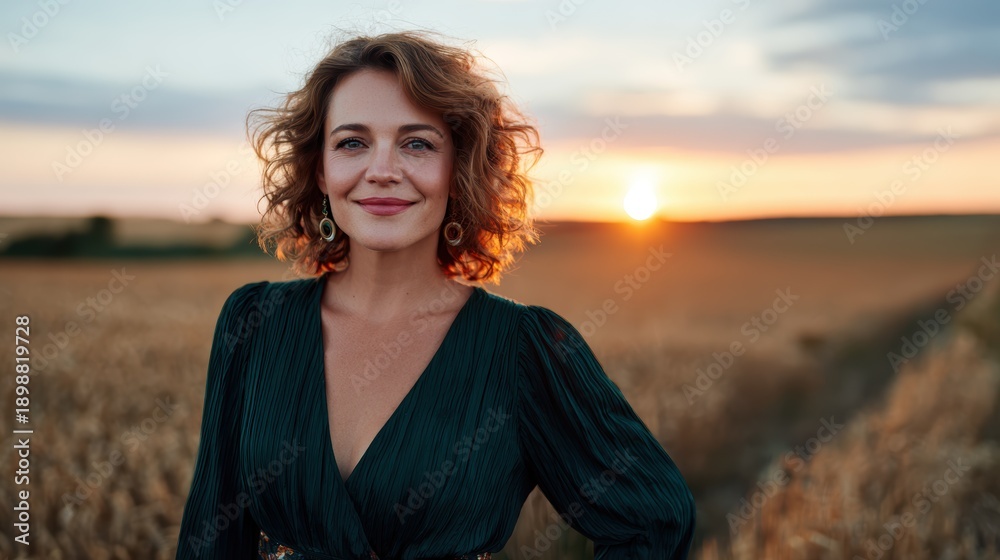 Fototapeta premium A confident woman stands in a golden field during sunset, with her curly hair catching the light, exuding positivity and a sense of freedom in nature's embrace.