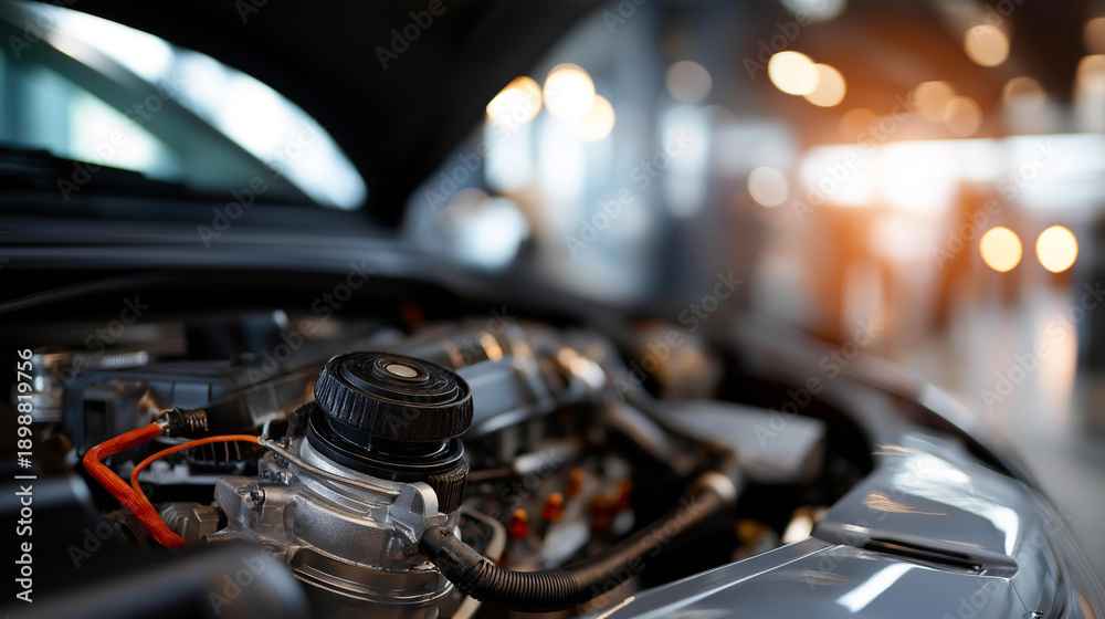 Obraz premium Car engine mechanical components and powerplant systems, automotive motor with intricate machinery and mechanisms, vehicle engine bay with visible technical elements, automobile