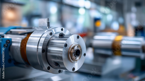 Close-up of heavy-duty rotary actuator mechanism, multiple hydraulic cylinders with metal construction display, precision rotational motion equipment with powerful output,