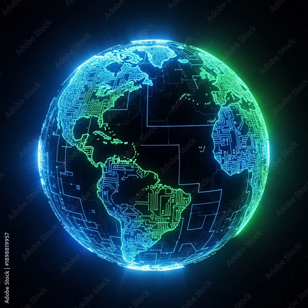 Naklejka premium Futuristic glowing digital planet Earth hologram with cyber grid and circuit lines