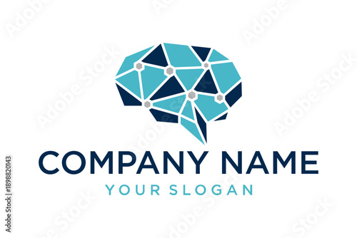 Geometric Brain Logo with Interconnected Polygons and Network Nodes in Blue