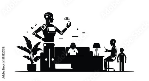 Robot assistant helping business team with ideas in modern office space with plant and natural light