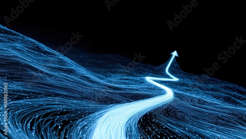 a blue light in the shape of an arrow, pointing upwards in space a long, white path leads to one end where there's another bright line it creates an atmosphere of movement, speed Generative AI