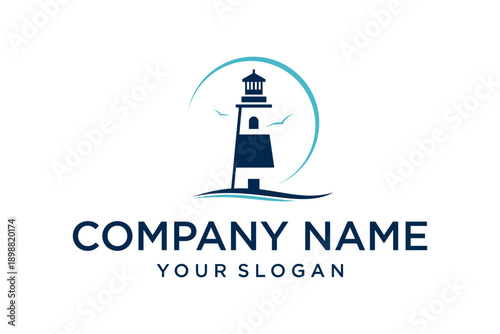 Modern Lighthouse Logo Design with Waves and Birds