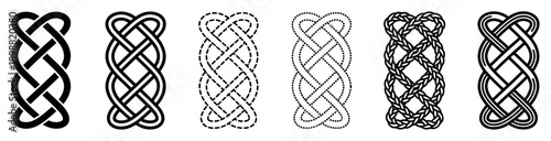 Set of six black Celtic knot patterns in various styles including solid, outline, dashed, dotted, and braided textures for decorative design