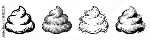 Hand-drawn poop pile illustrations in a set of four different black and white sketch styles, showing line art, crosshatch, and stipple textures for a comic doodle aesthetic