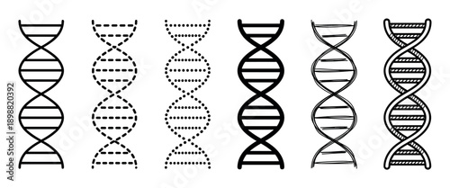 Set of six black DNA helix icons showing different graphic styles including line art, dashed, dotted, bold, and hand-drawn sketch illustrations for scientific concepts