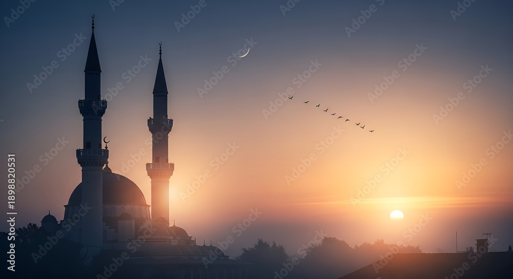 Fototapeta premium Spiritual Dawn Mosque Silhouette Against a Fiery Sunrise Sky with a Crescent Moon and Birds in Flight, Evoking Tranquility and Faith