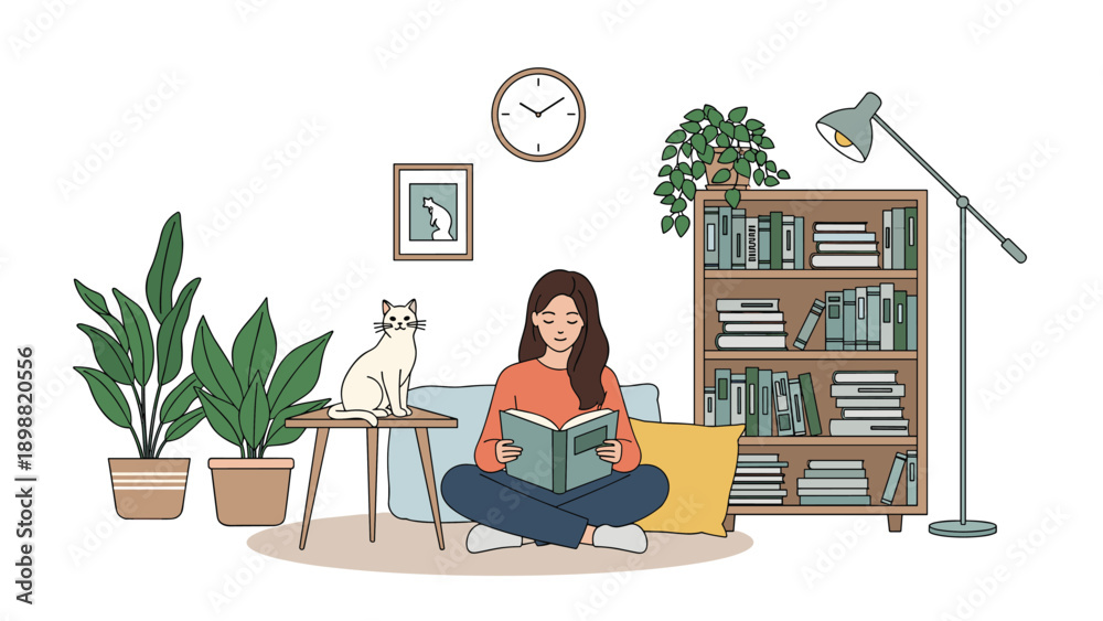 Fototapeta premium Young woman sitting on the floor and reading a book in a cozy room with a white cat, potted plants, and a bookshelf.