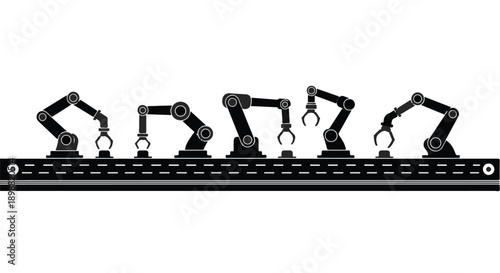 Industrial robotic arms on conveyor belt in modern factory setting with automation technology