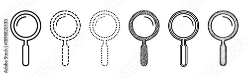 Six black and white magnifying glass icons in different artistic styles, including outline, dashed, dotted, sketch, and stippled textures for search and discovery concepts