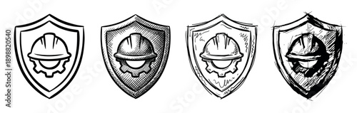 Four hand-drawn shield icons with hard hats and gears in a sketch style, representing industrial safety, worker protection, and engineering concepts in a monochrome illustration