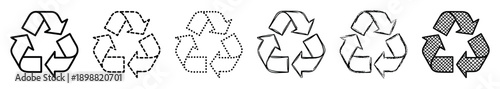 Set of black recycle symbols in various artistic styles, including hand-drawn sketch, dotted line, grunge texture, and dashed outline for ecological concepts
